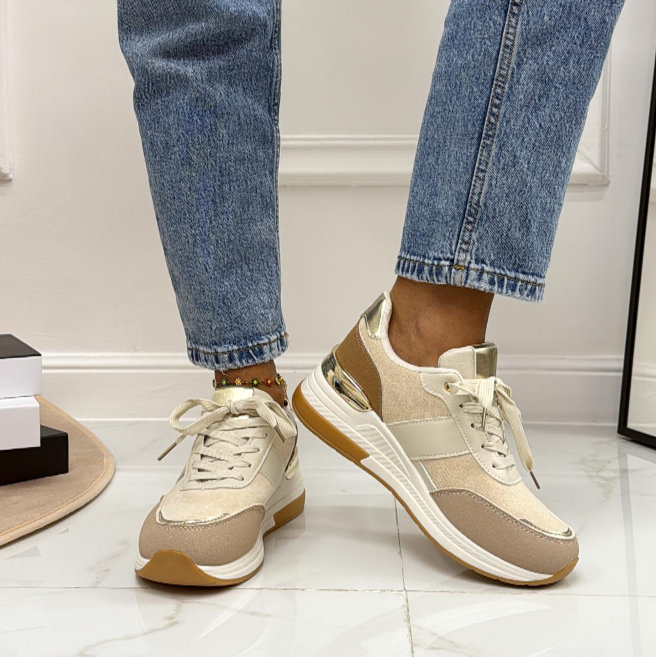 Anastasia - Sneakers Donna Scarpe Ginnastica Lacci Casual Comodo Beige