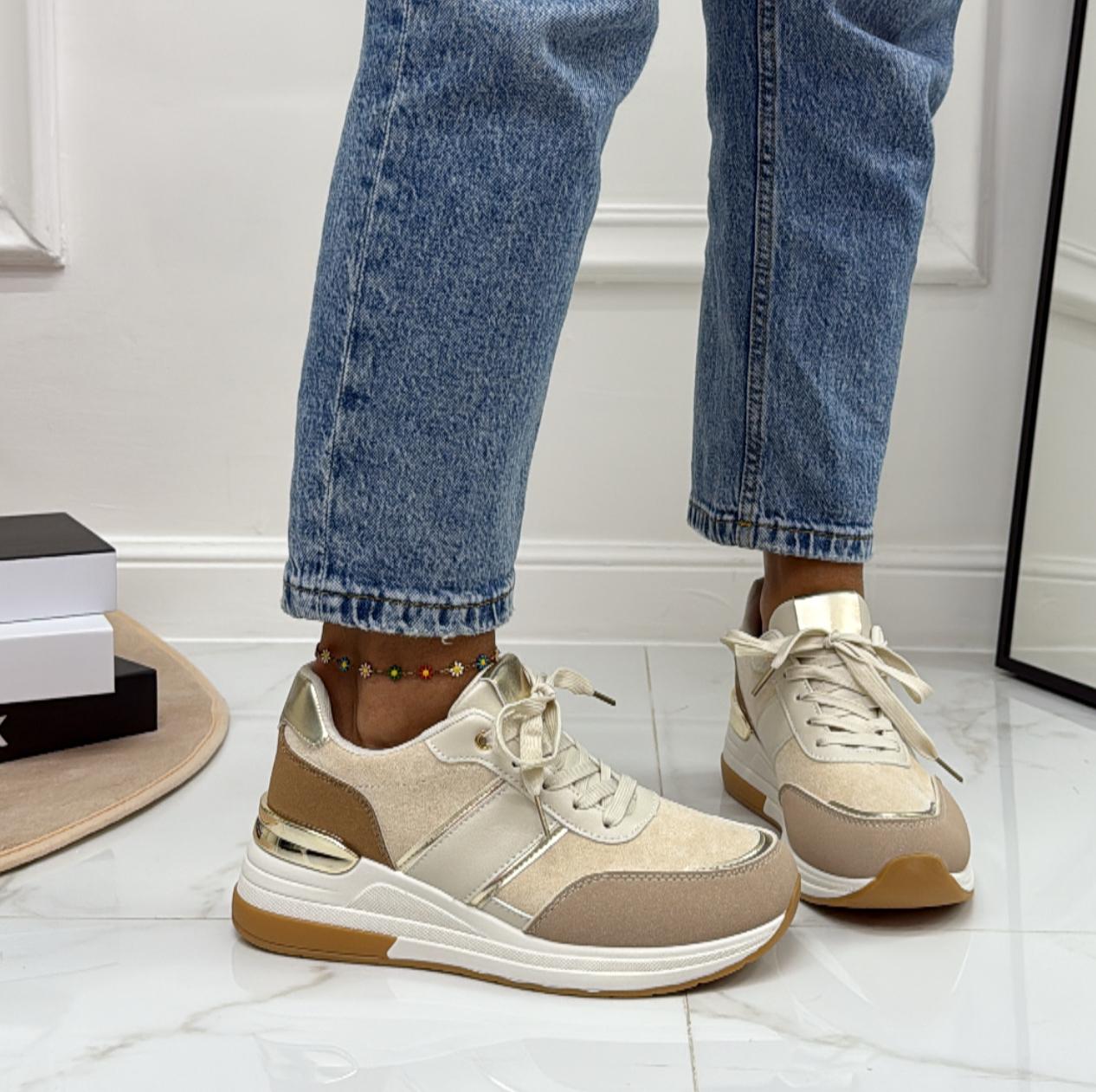 Anastasia - Sneakers Donna Scarpe Ginnastica Lacci Casual Comodo Beige