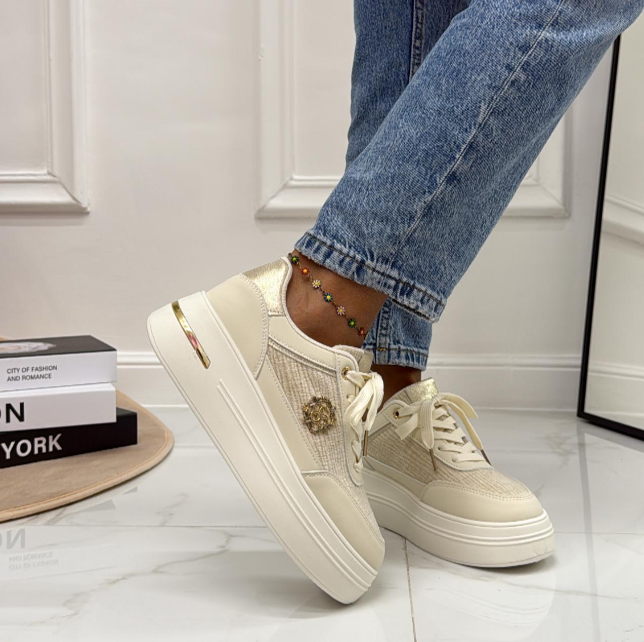 Melania - Sneakers Donna Scarpe Ginnastica Lacci Casual Comodo Beige