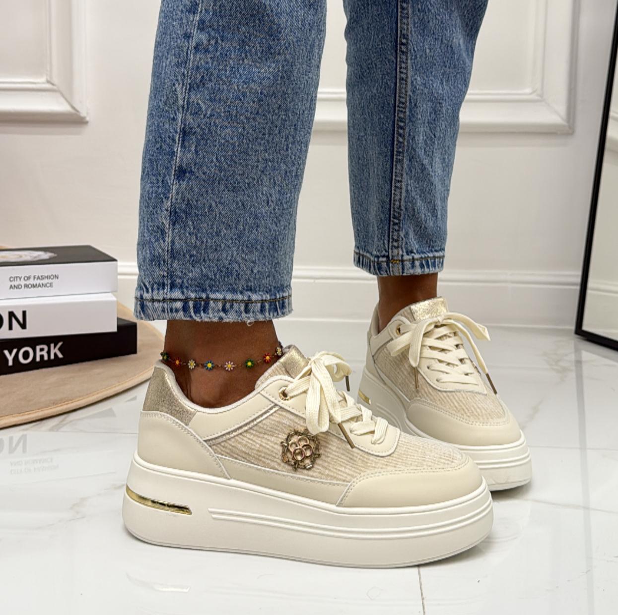 Melania - Sneakers Donna Scarpe Ginnastica Lacci Casual Comodo Beige