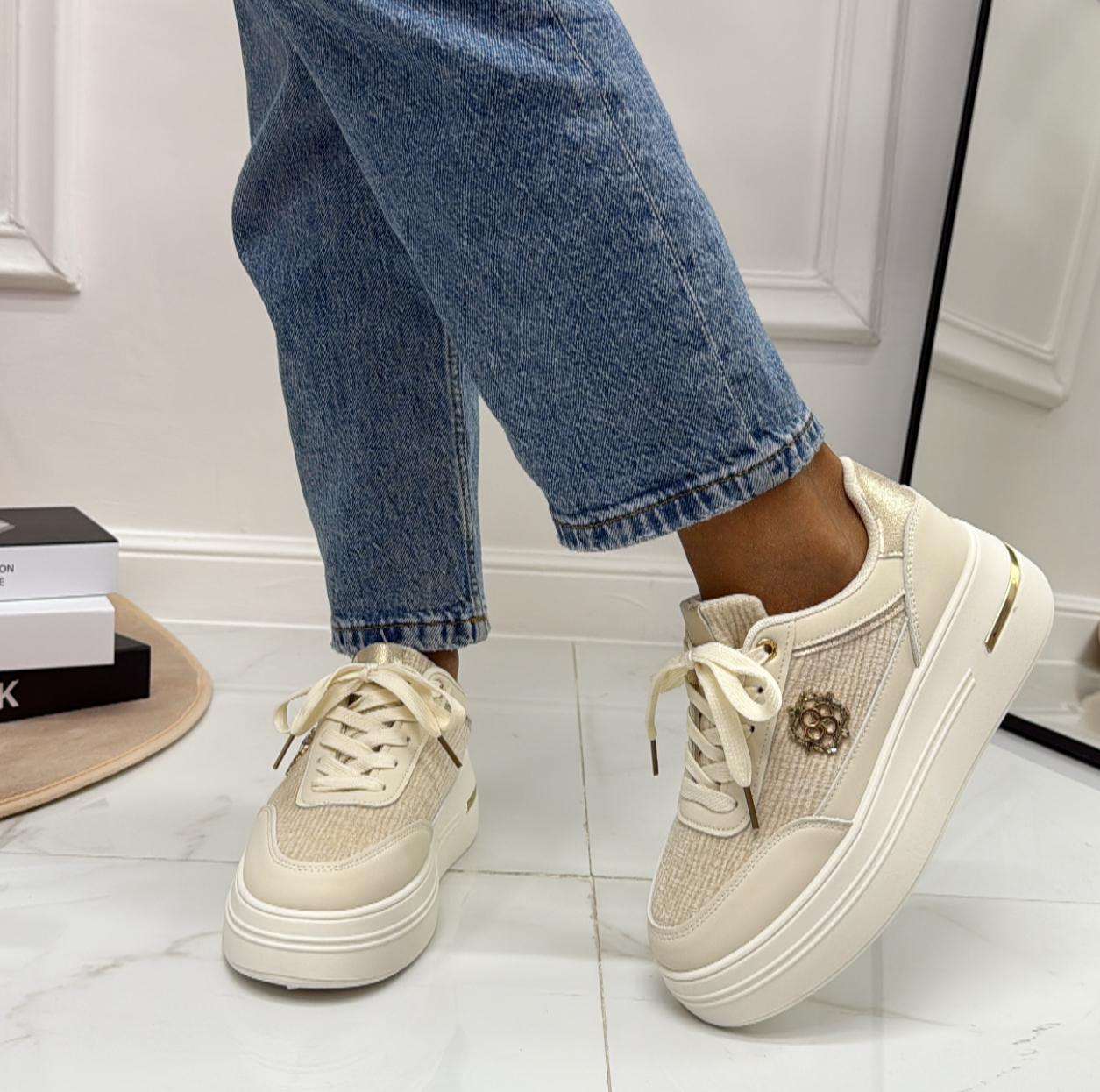 Melania - Sneakers Donna Scarpe Ginnastica Lacci Casual Comodo Beige
