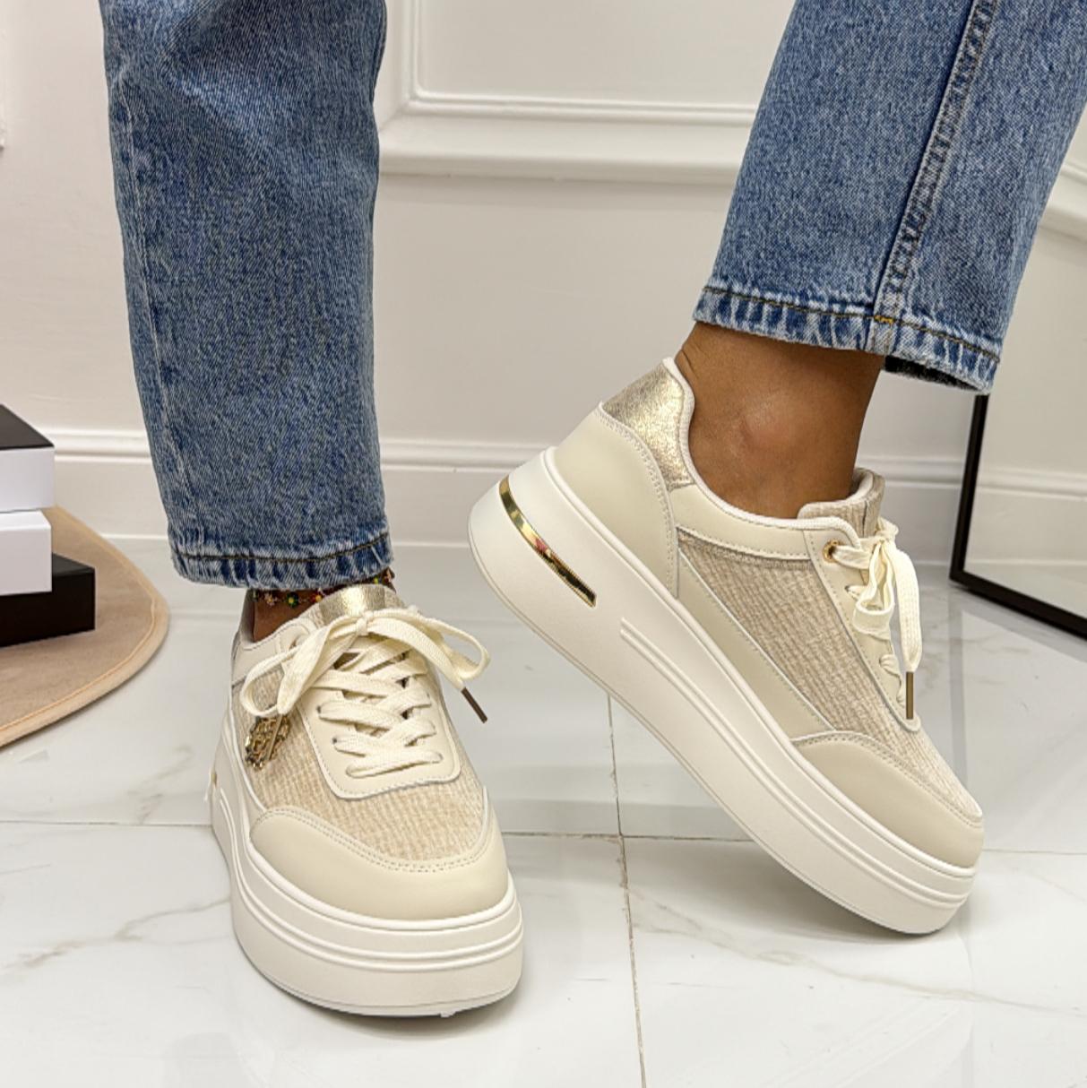Melania - Sneakers Donna Scarpe Ginnastica Lacci Casual Comodo Beige
