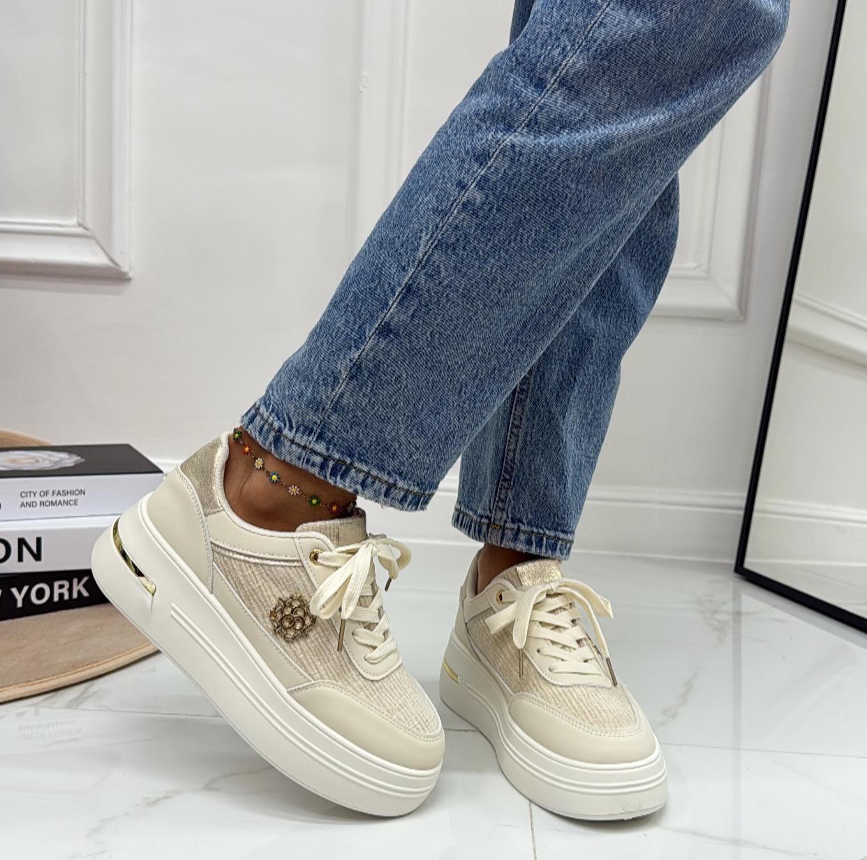 Melania - Sneakers Donna Scarpe Ginnastica Lacci Casual Comodo Beige