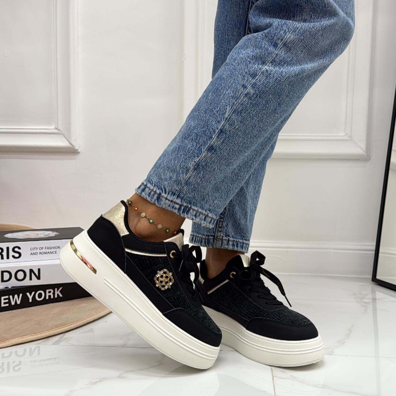 Melania - Sneakers Donna Scarpe Ginnastica Lacci Casual Comodo Nero