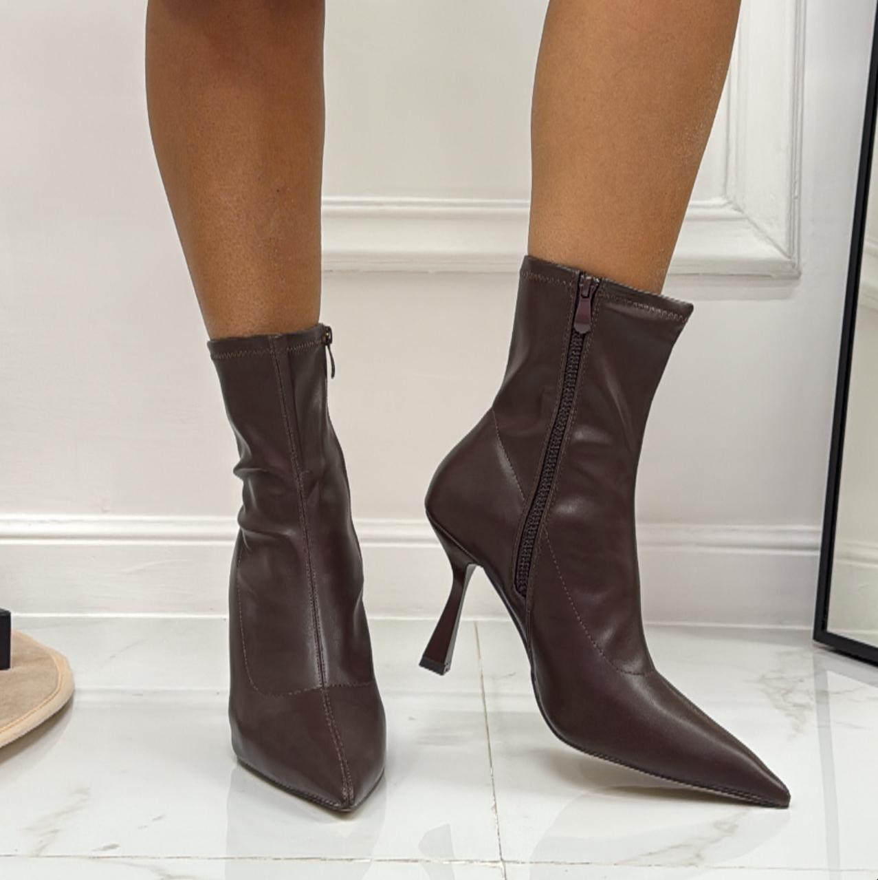 Sophie - Stivaletto Donna Calzino Tacco A Clessidra Punta Comodo Marrone