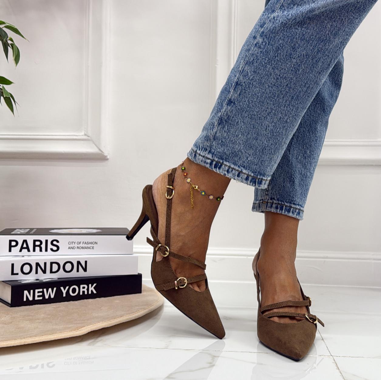 Rossy - Scarpa Décolleté Donna Cinturini Tacco Spillo Elegante Marrone