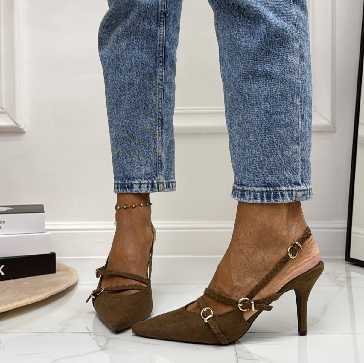 Rossy - Scarpa Décolleté Donna Cinturini Tacco Spillo Elegante Marrone