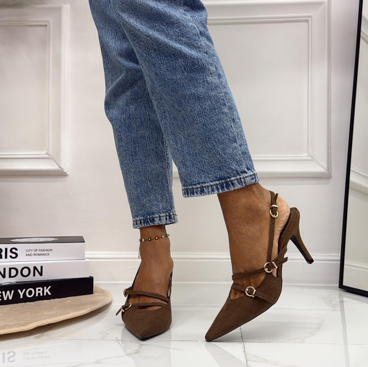 Rossy - Scarpa Décolleté Donna Cinturini Tacco Spillo Elegante Marrone