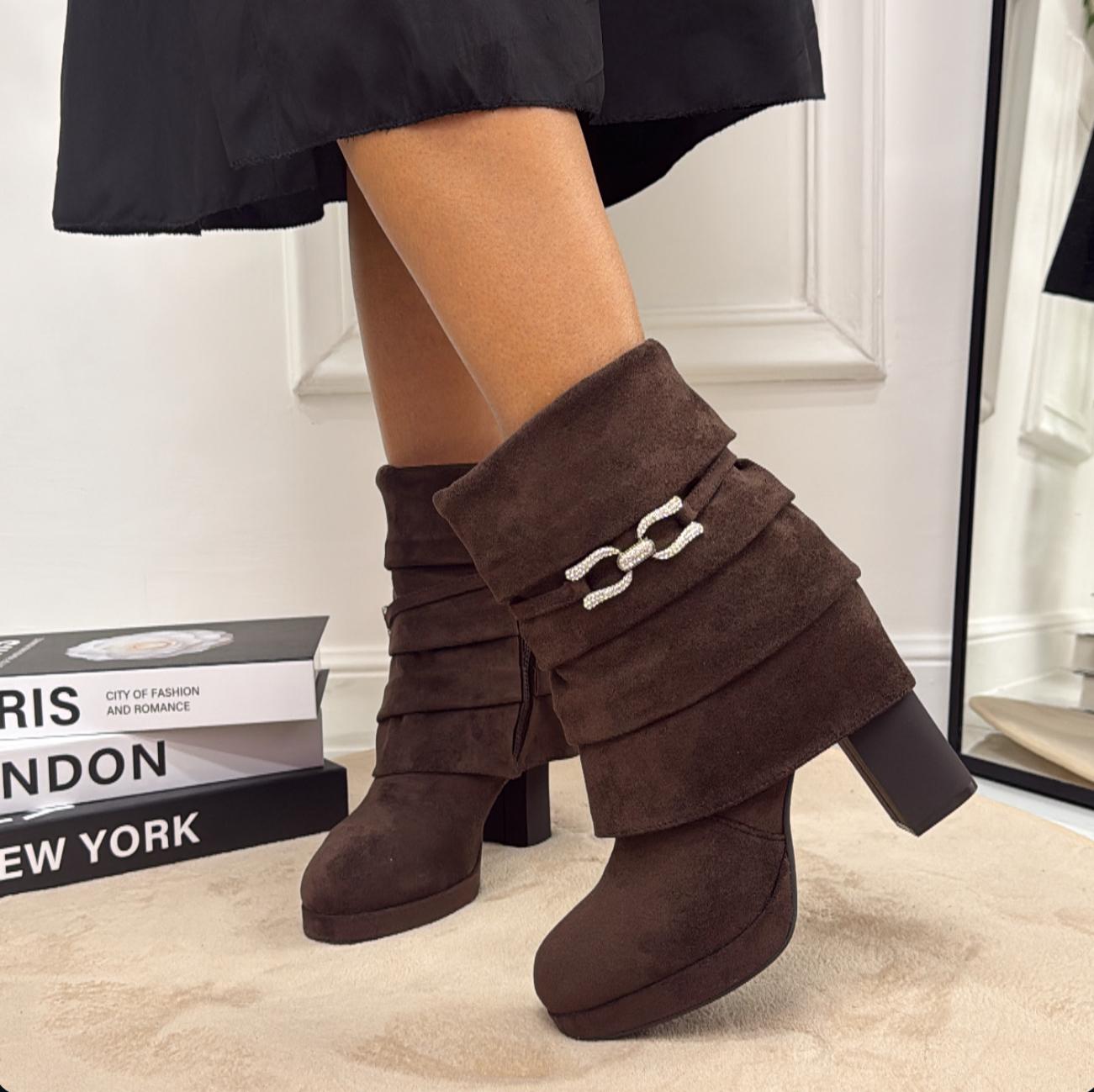 Towe - Stivaletto Donna Tronchetto Tacco Quadrato Punta Casual Elegante Marrone