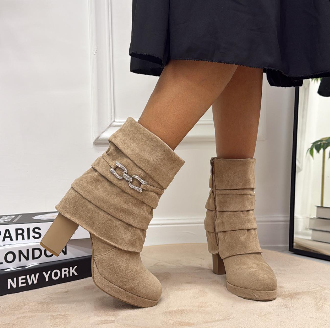 Towe - Stivaletto Donna Tronchetto Tacco Quadrato Punta Casual Elegante Khaki