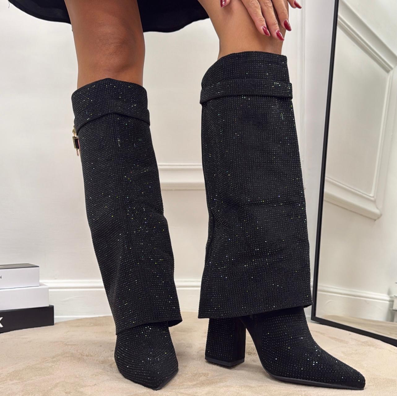 Shakira - Stivali Donna Alto Tacco Spillo Punta Strass Nero