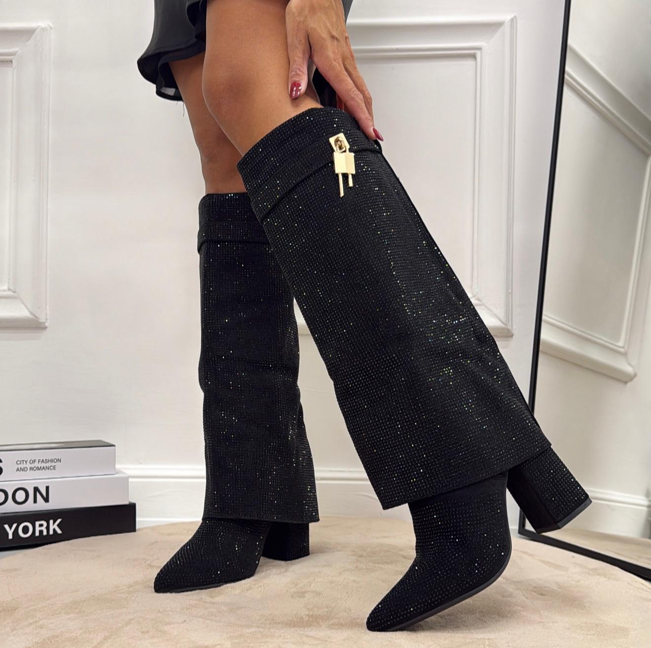 Shakira - Stivali Donna Alto Tacco Spillo Punta Strass Nero