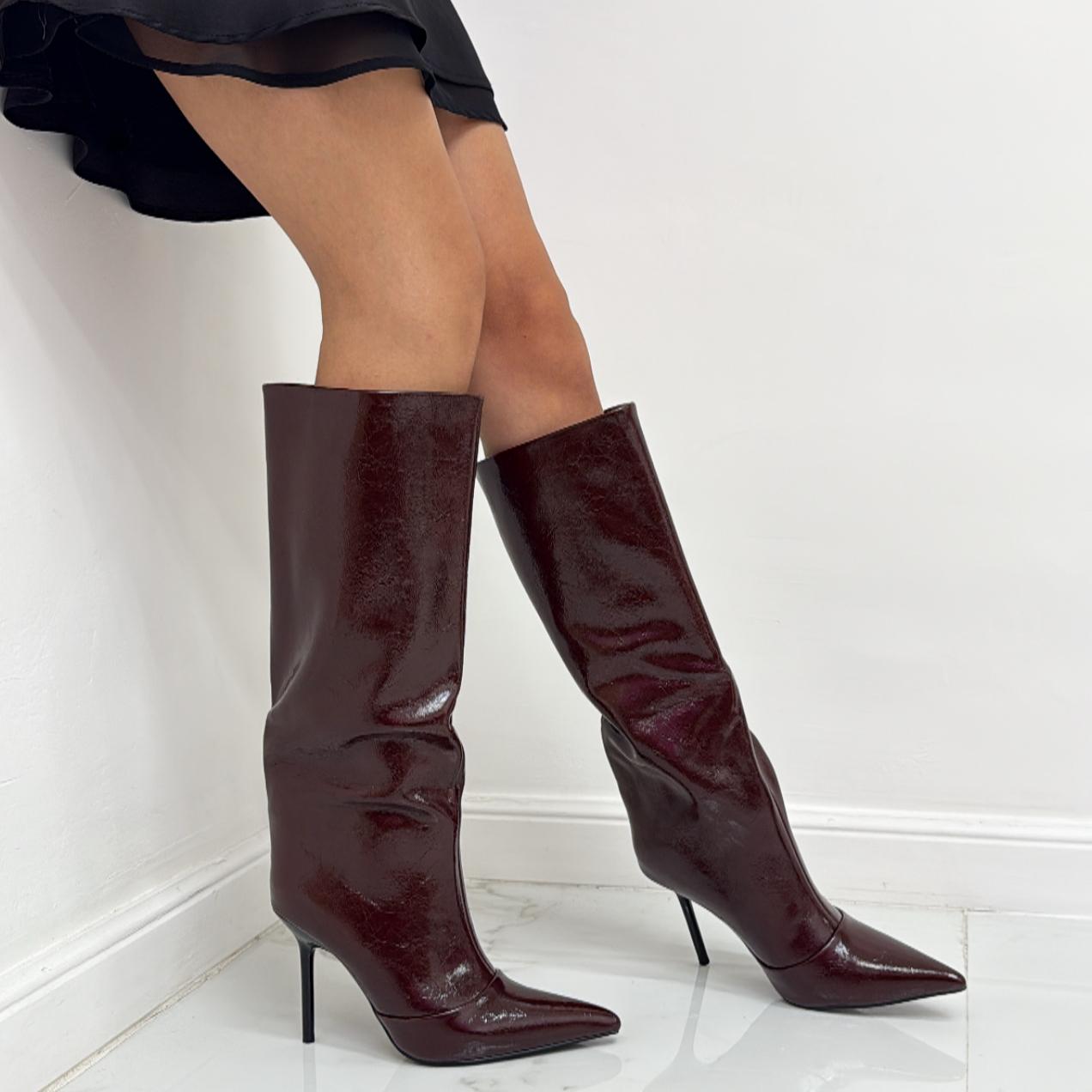 Ambra - Stivale Donna Lucido Alto Punta Tacco Spillo Elegante Bordeaux