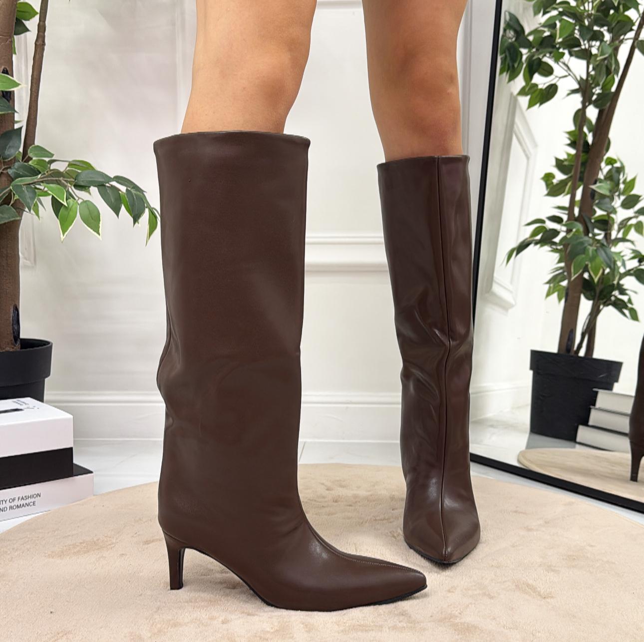 Parigi - Stivale Donna Alto Tacco Punta Casual Elegante Marrone