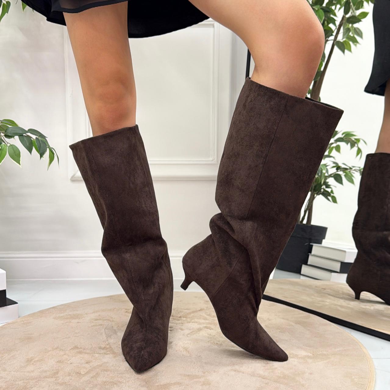 Delphine - Stivale Donna Alto Tacco Punta Casual Elegante Marrone