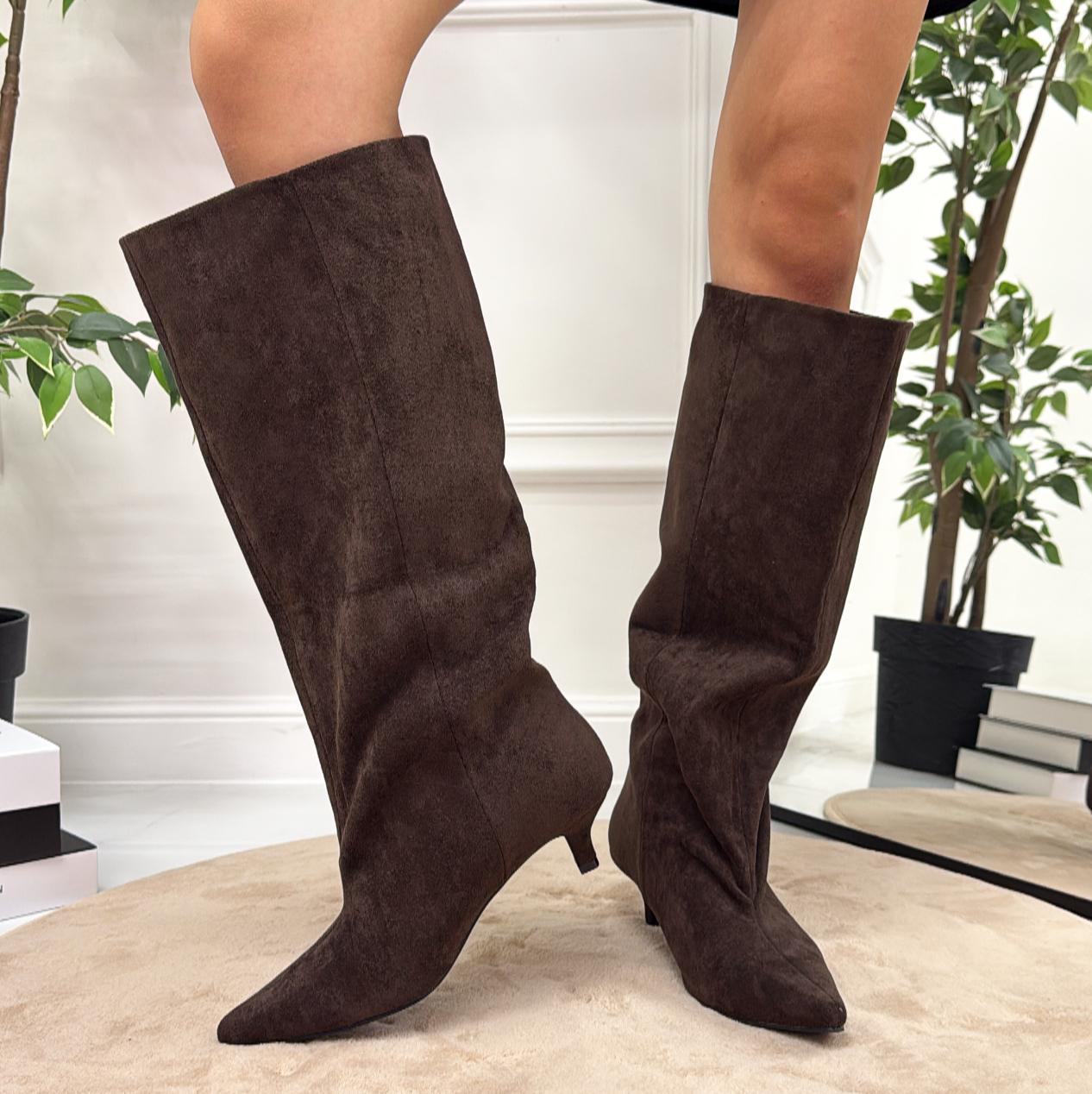 Delphine - Stivale Donna Alto Tacco Punta Casual Elegante Marrone