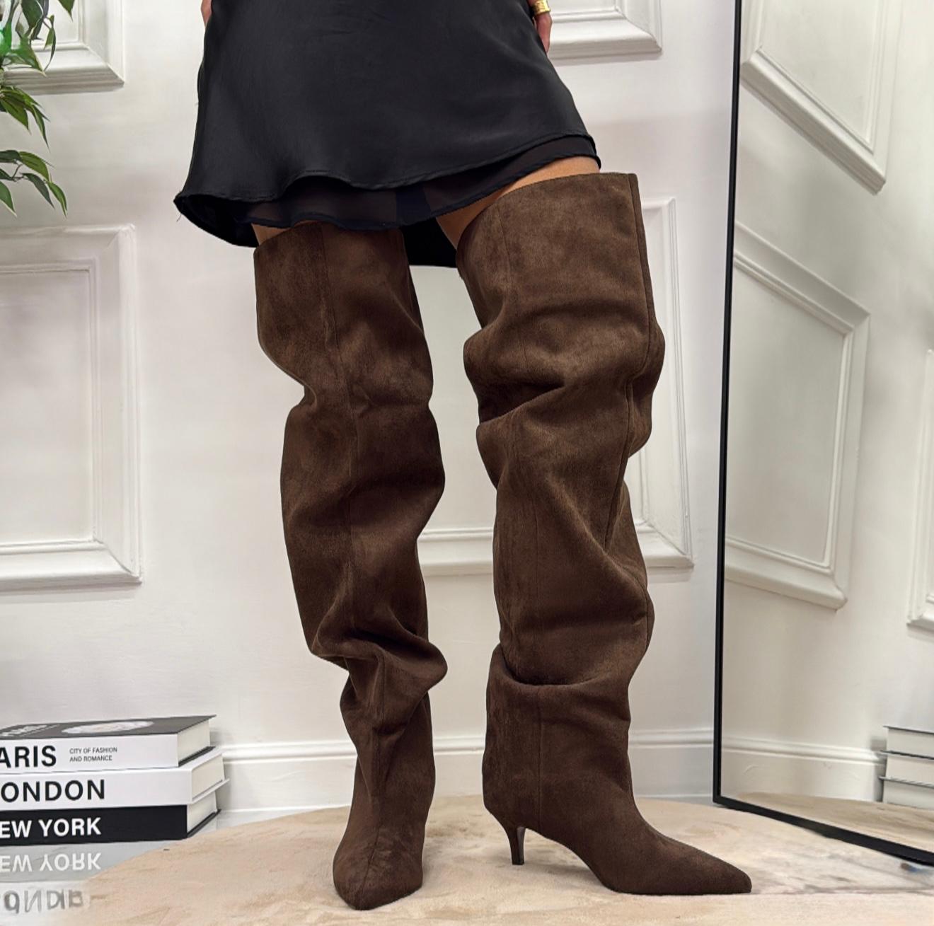 Laila - Stivale Donna Alto Tacco Punta Casual Elegante Marrone