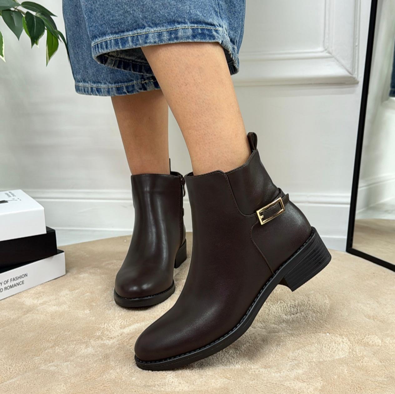 Moesha - Stivaletto Anfibio Donna Scarpa Basso Casual Fibbia Marrone