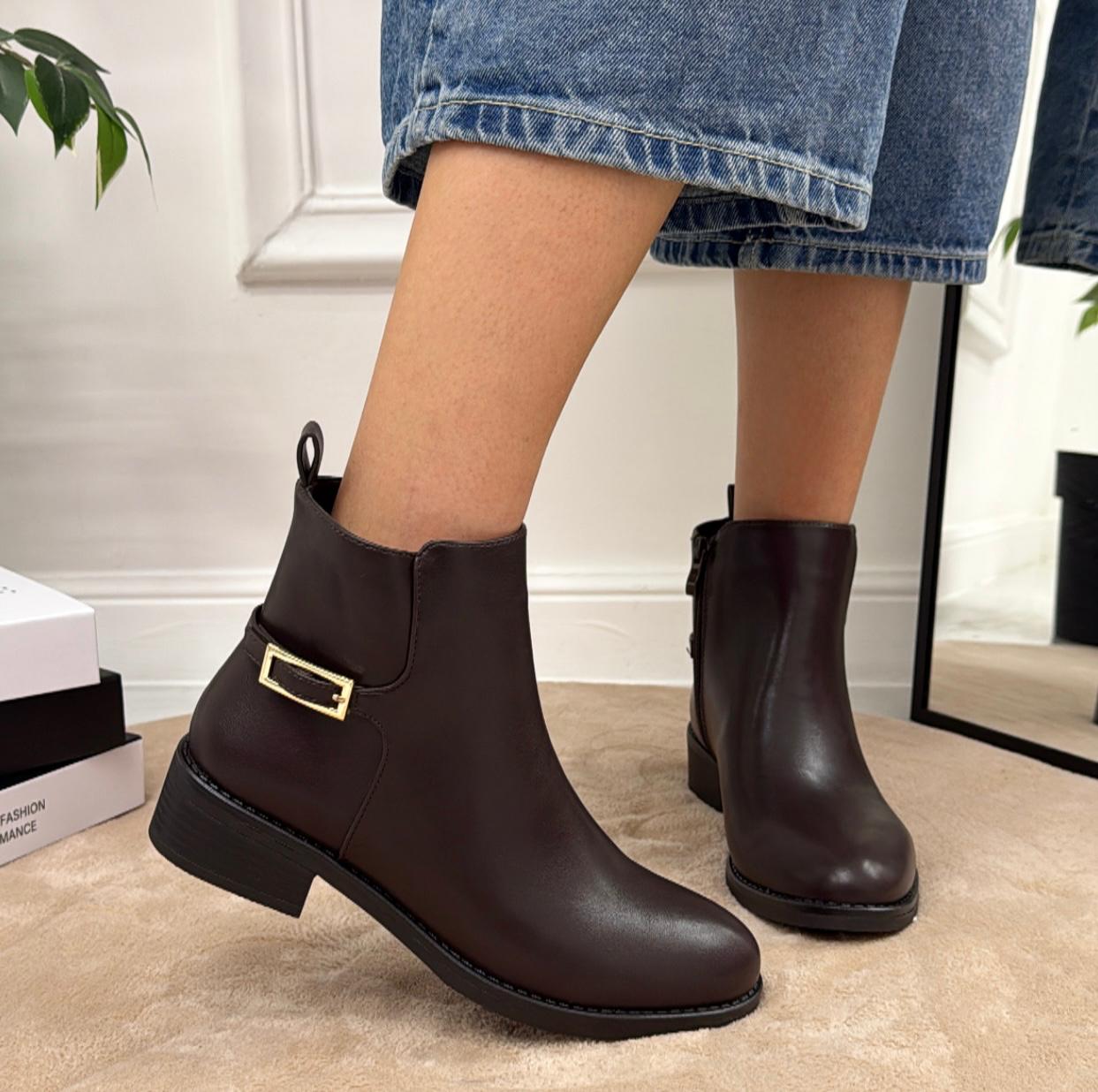 Moesha - Stivaletto Anfibio Donna Scarpa Basso Casual Fibbia Marrone