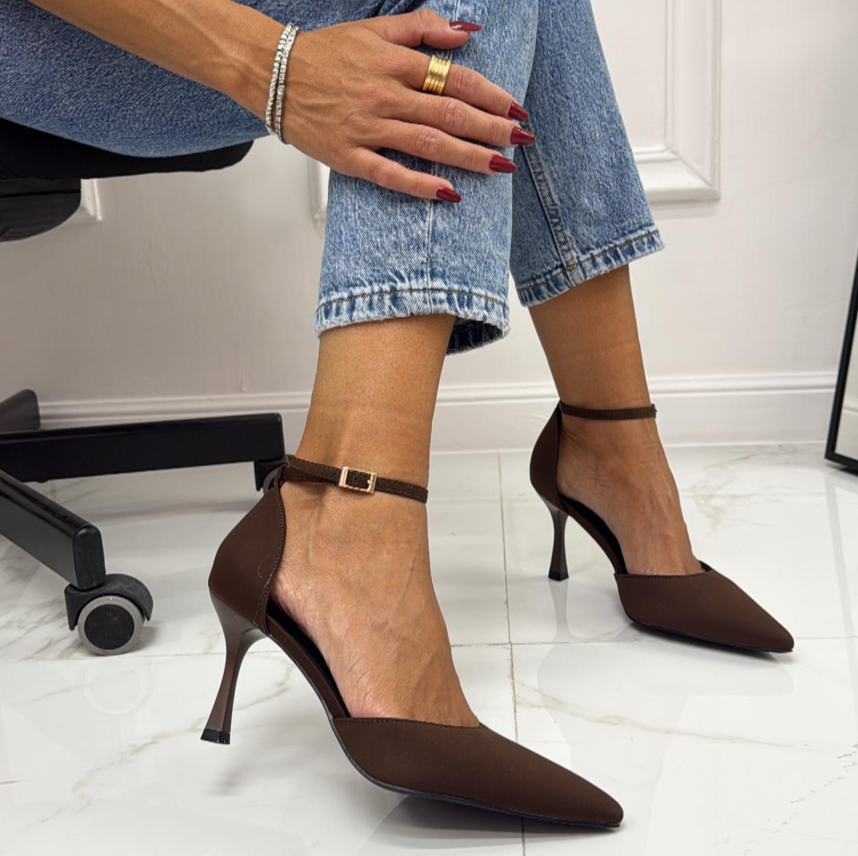 Violante - Décolleté Donna Cinturino Tacco Spillo Basso Elegante Marrone