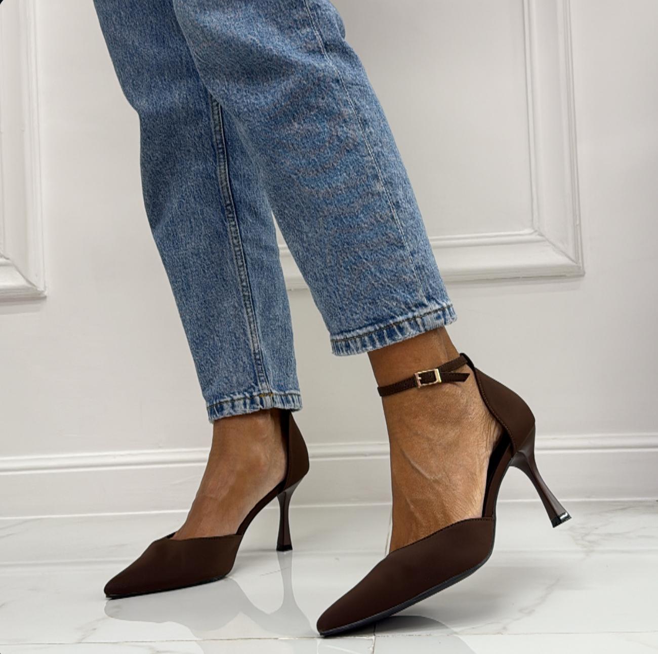 Violante - Décolleté Donna Cinturino Tacco Spillo Basso Elegante Marrone