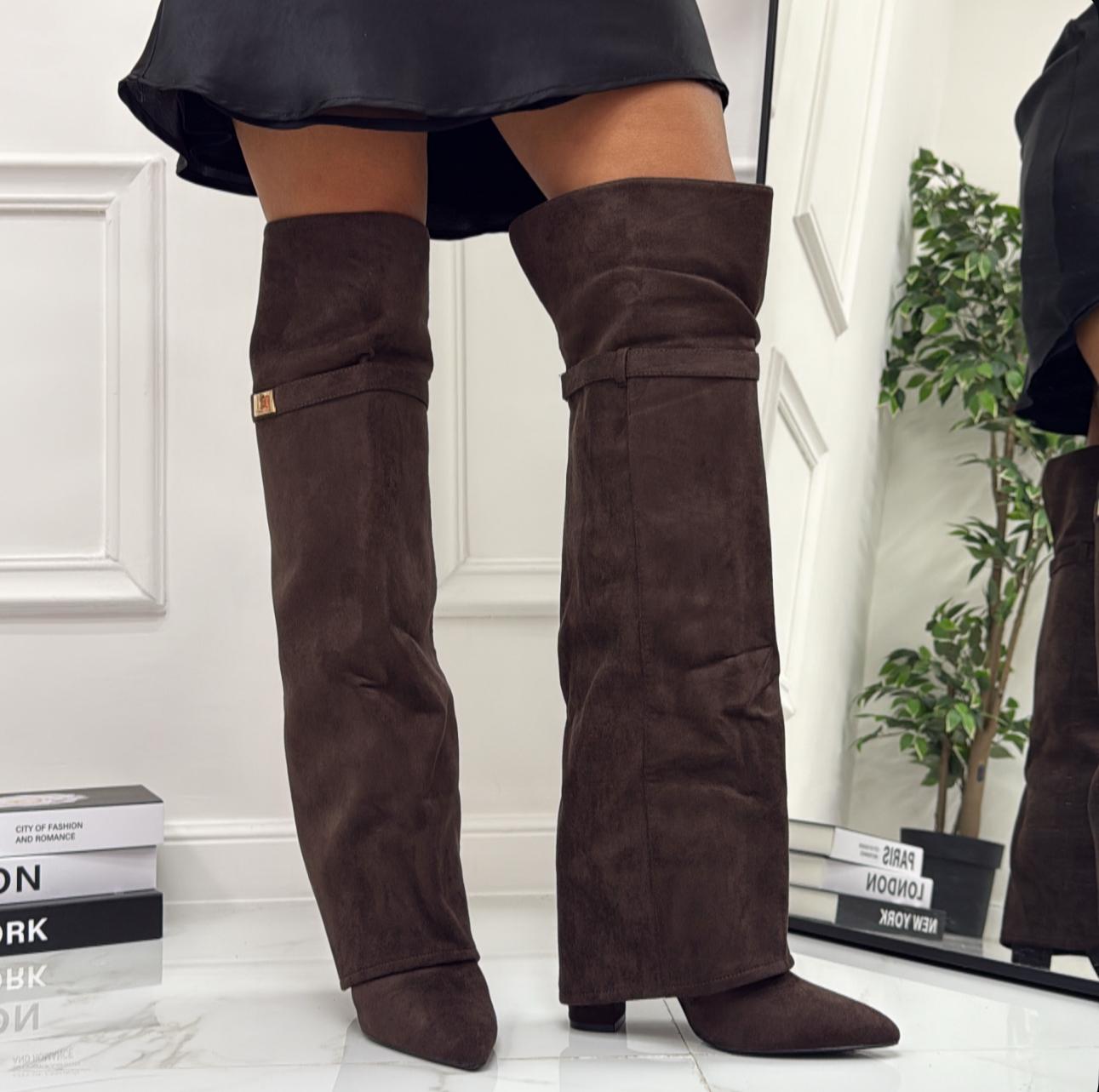 Tiffa - Stivale Donna Alto Tacco Punta Casual Elegante Marrone