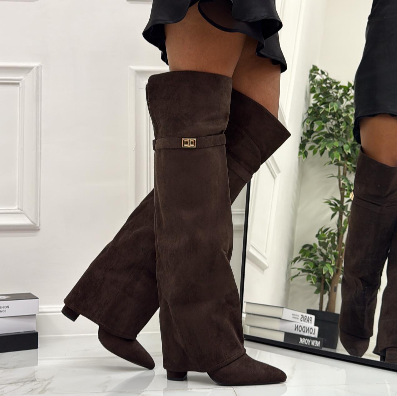 Tiffa - Stivale Donna Alto Tacco Punta Casual Elegante Marrone