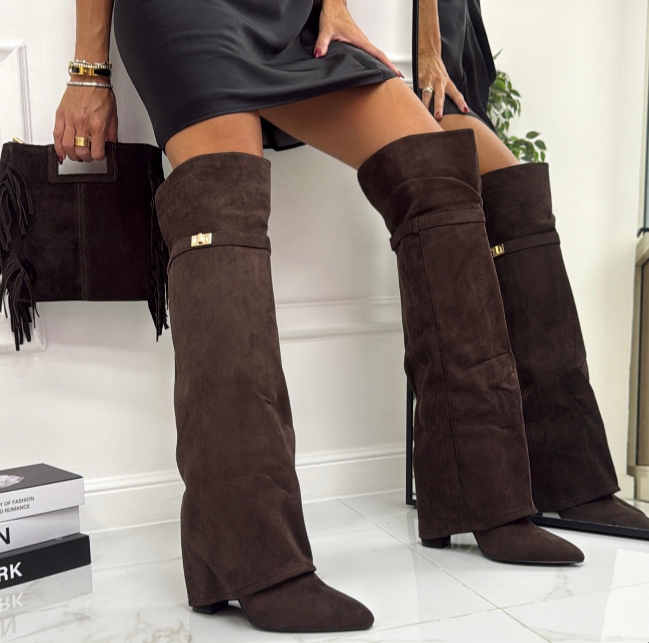 Tiffa - Stivale Donna Alto Tacco Punta Casual Elegante Marrone