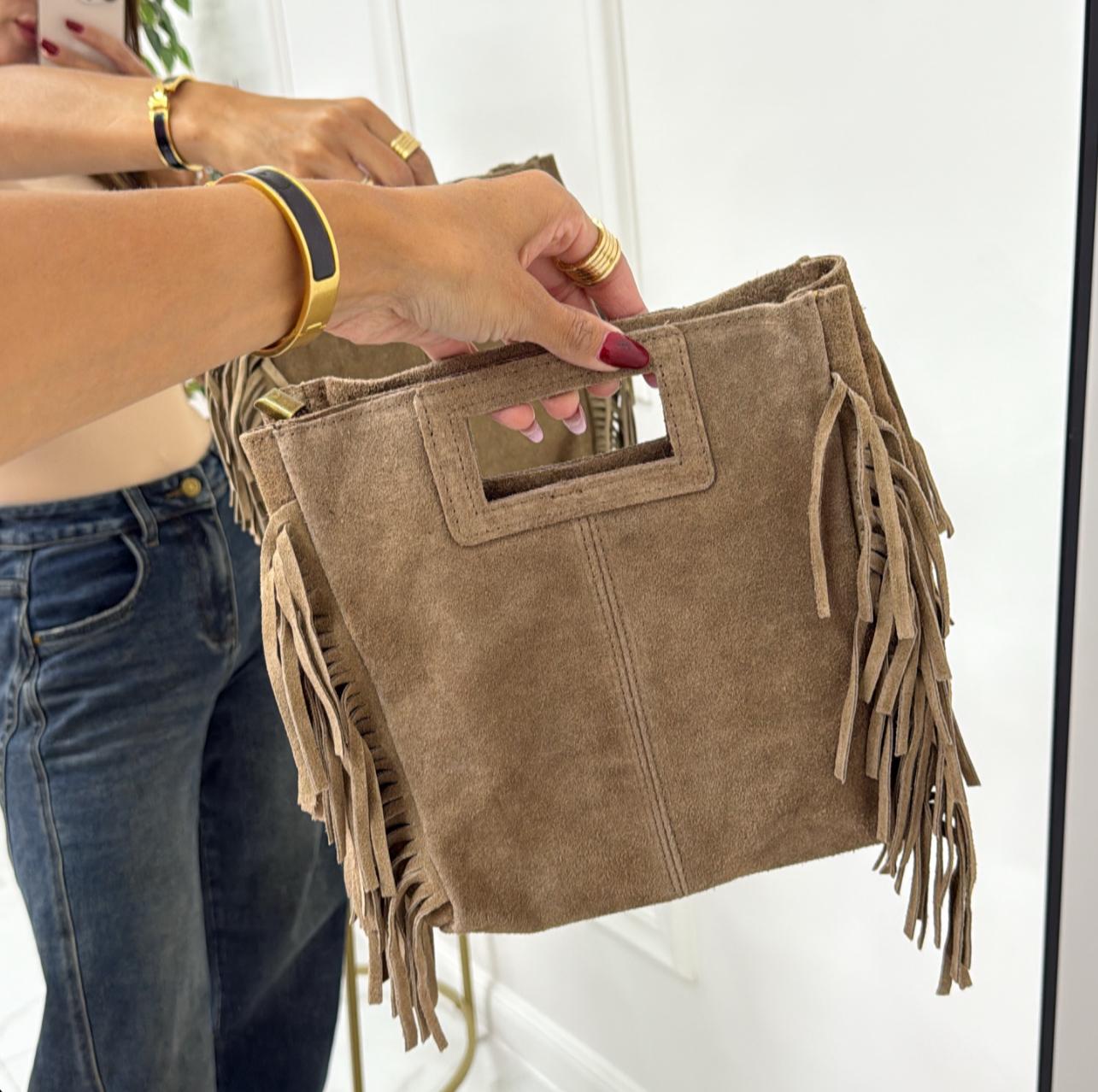 Nizza - Borsa Donna Manico Frange in Pelle Scamosciata