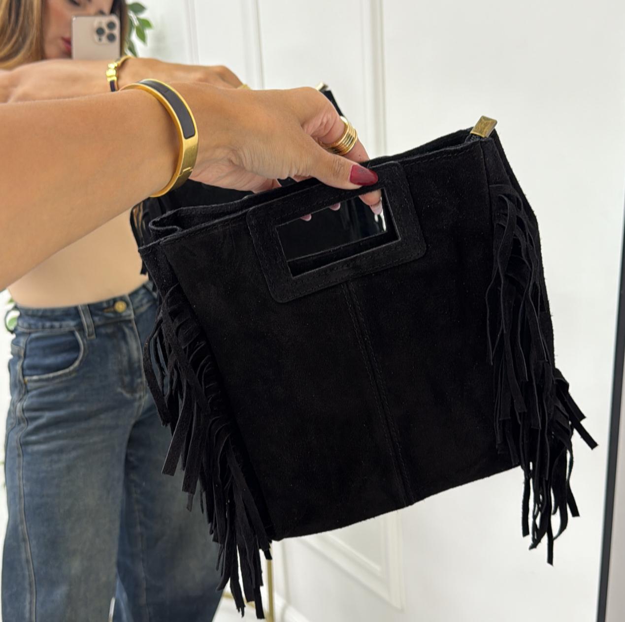 Nizza - Borsa Donna Manico Frange in Pelle Scamosciata