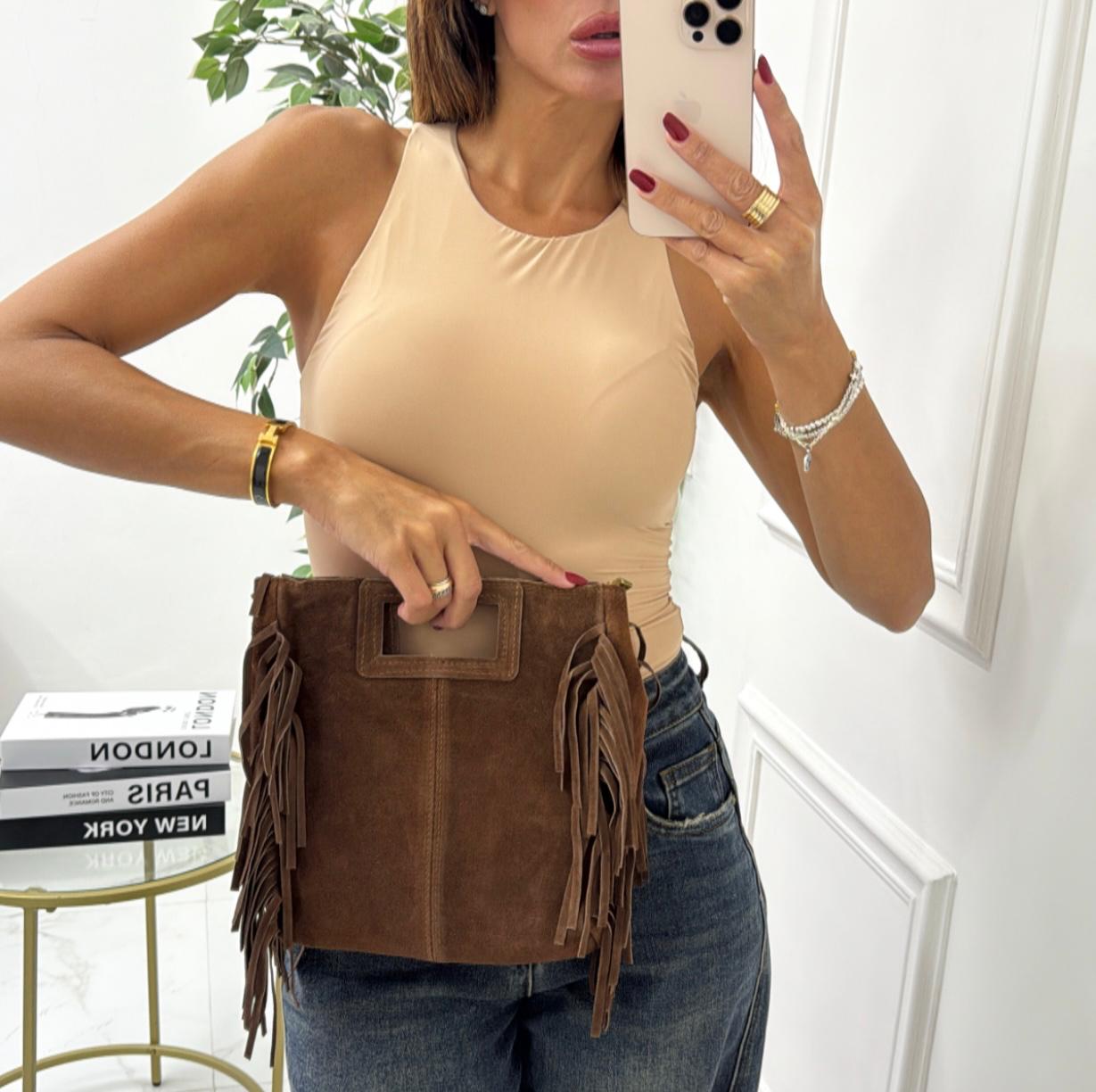 Nizza - Borsa Donna Manico Frange in Pelle Scamosciata