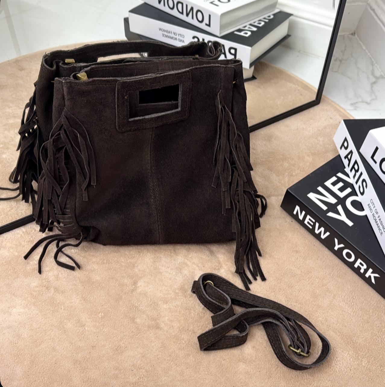 Nizza - Borsa Donna Manico Frange in Pelle Scamosciata