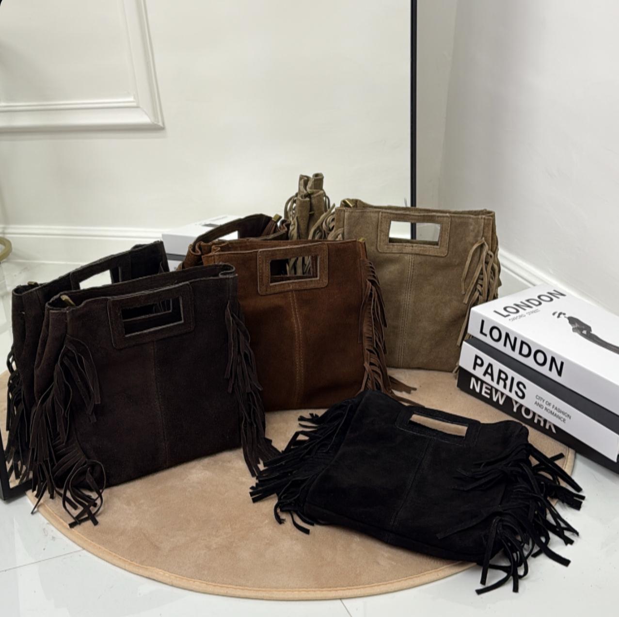 Nizza - Borsa Donna Manico Frange in Pelle Scamosciata