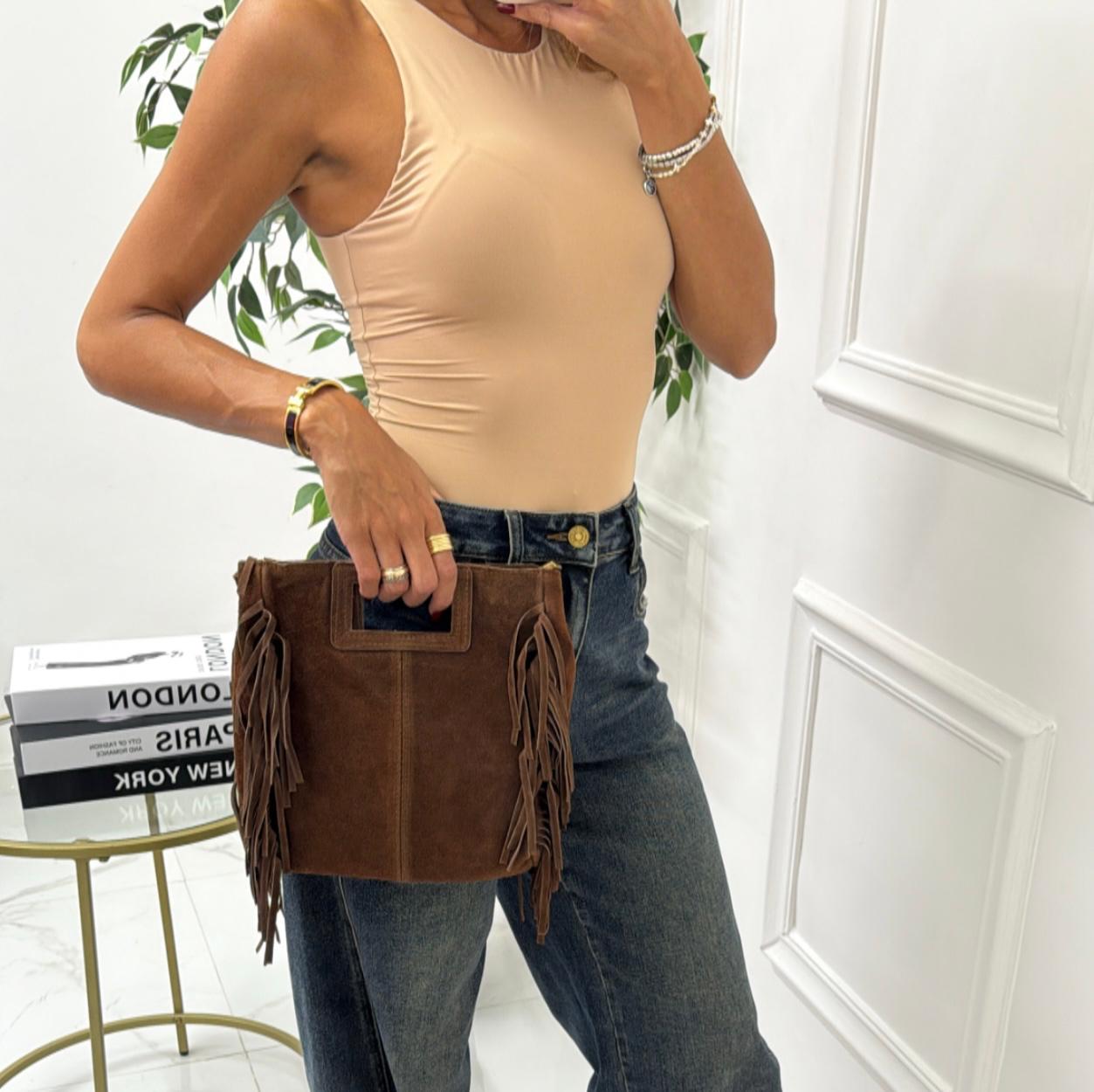 Nizza - Borsa Donna Manico Frange in Pelle Scamosciata