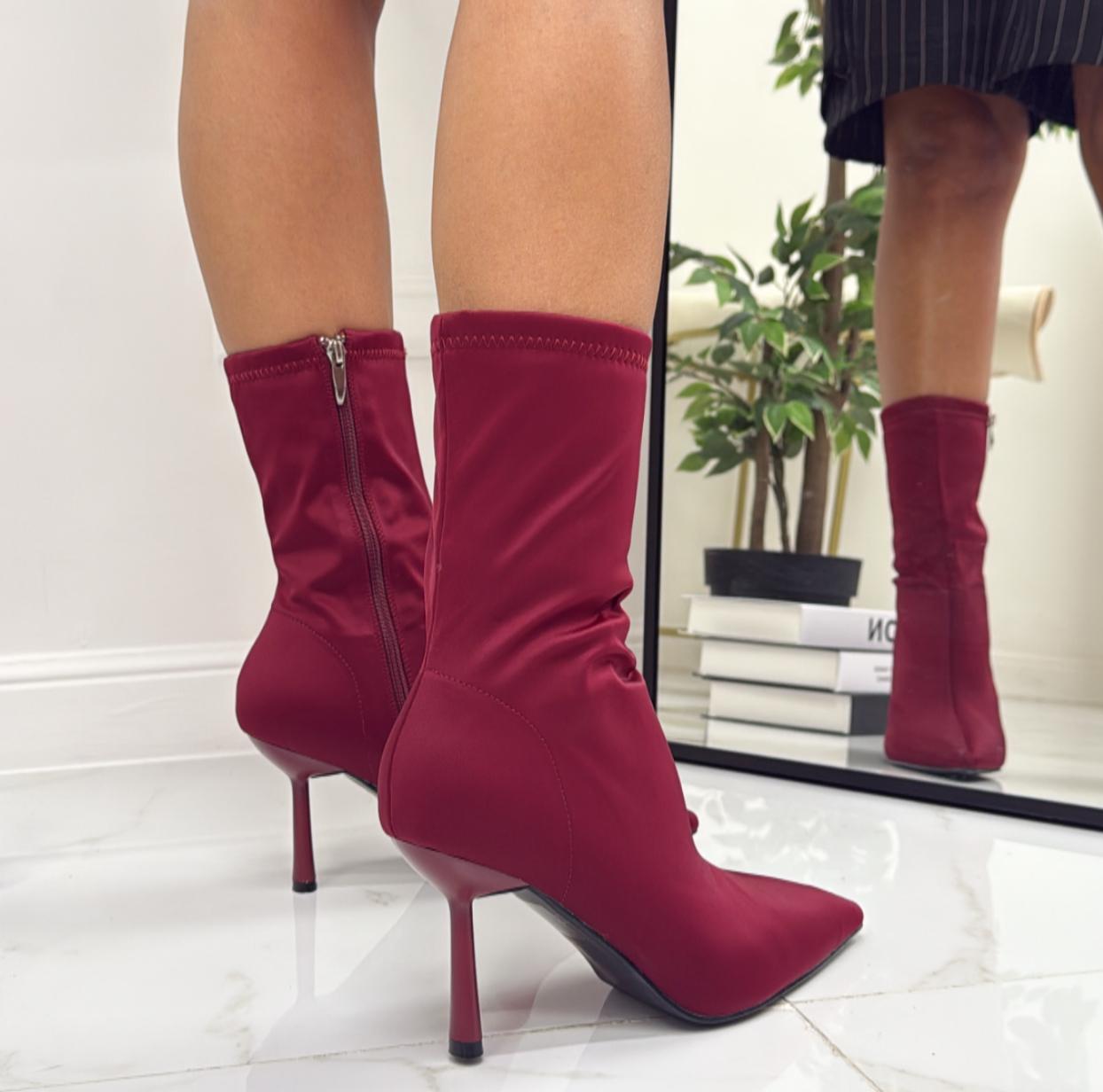 Eleonora - Stivaletto Donna Calzino Tacco A Clessidra Punta Comodo Bordeaux