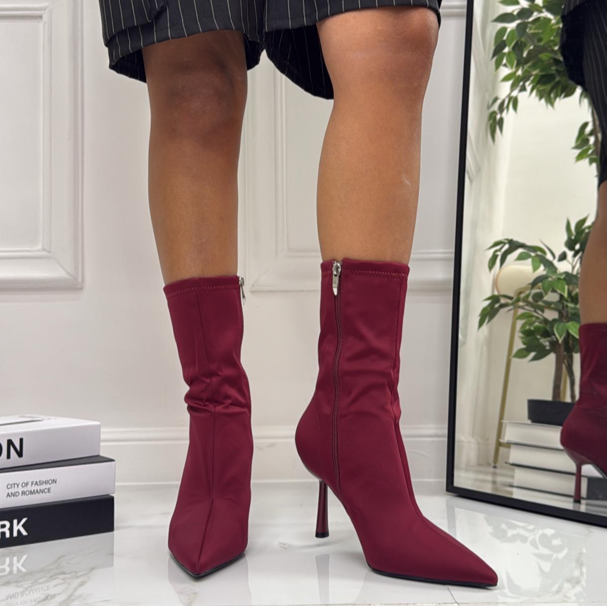 Eleonora - Stivaletto Donna Calzino Tacco A Clessidra Punta Comodo Bordeaux