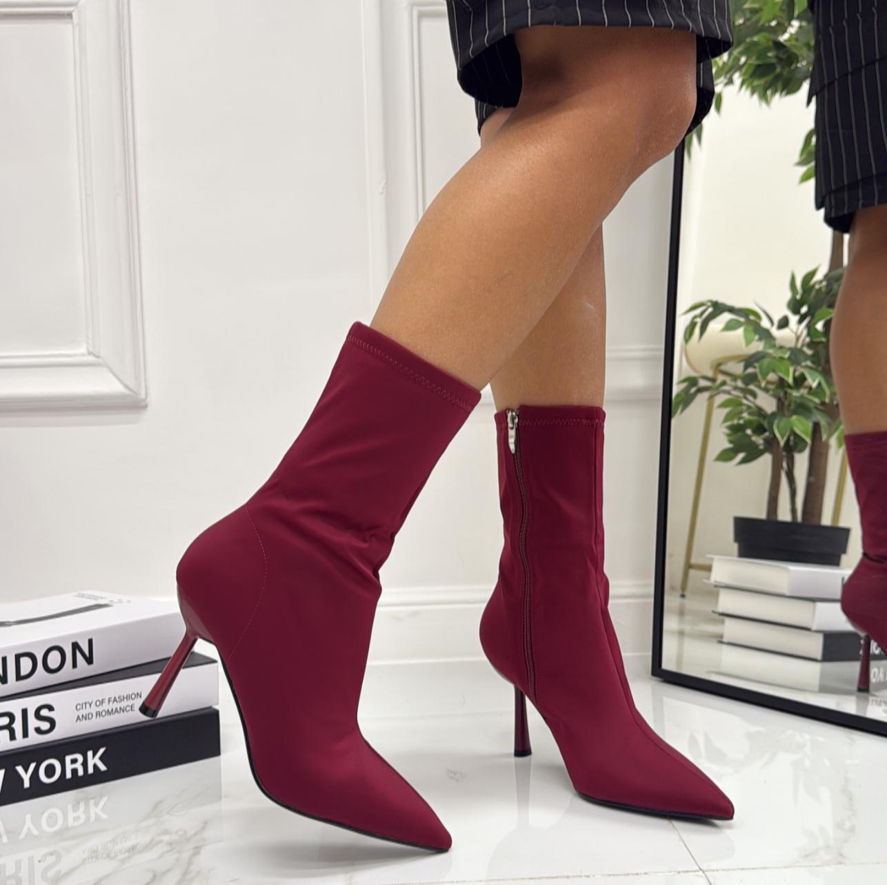 Eleonora - Stivaletto Donna Calzino Tacco A Clessidra Punta Comodo Bordeaux