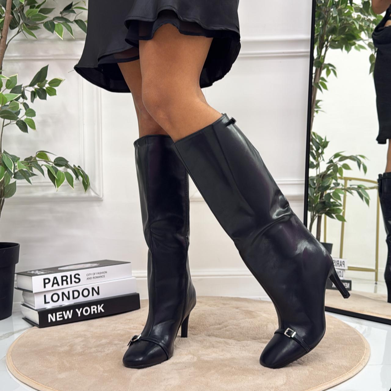 Lory - Stivale Alto Donna Scarpa Punta Tacco Spillo Nero