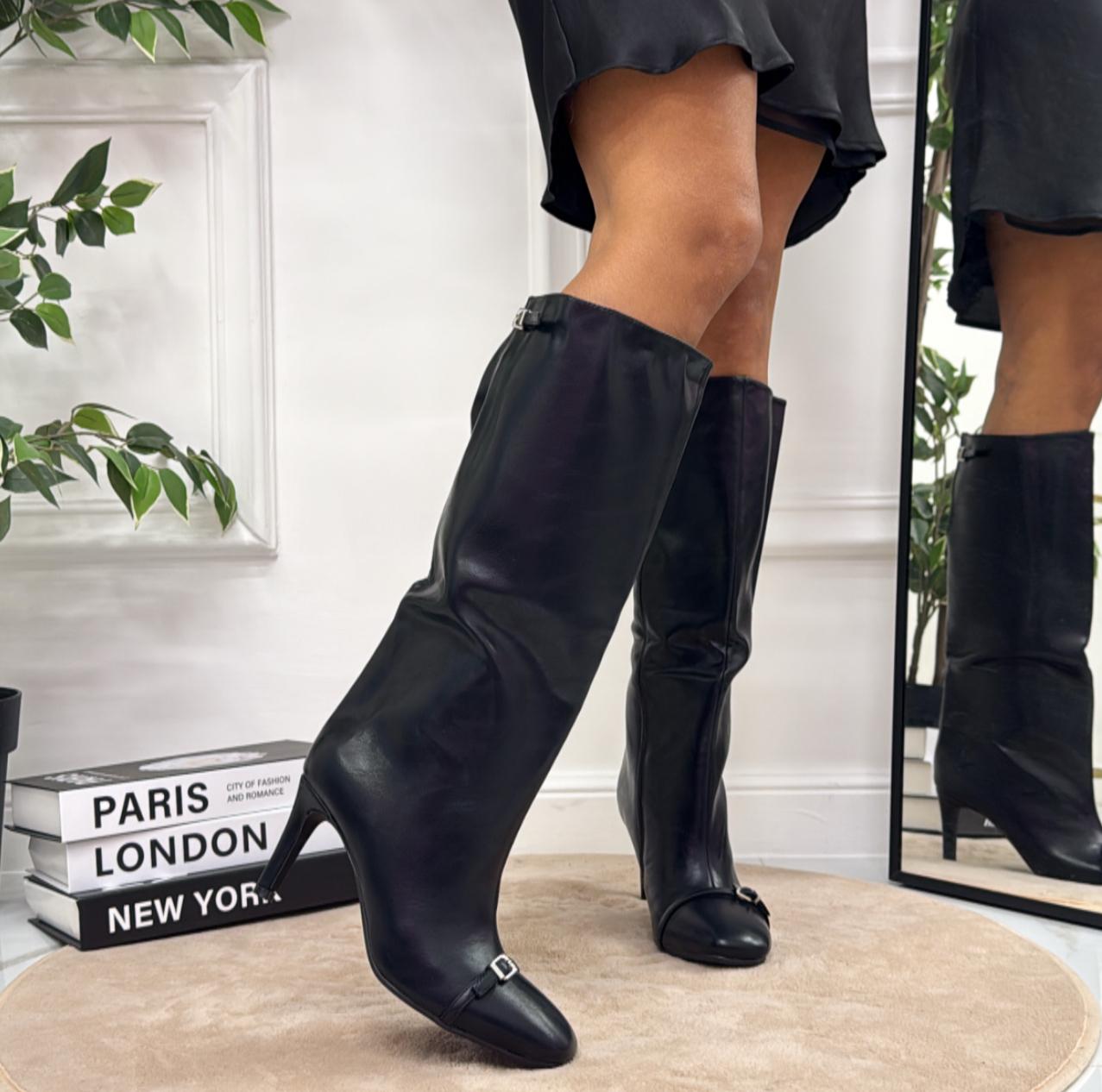 Lory - Stivale Alto Donna Scarpa Punta Tacco Spillo Nero