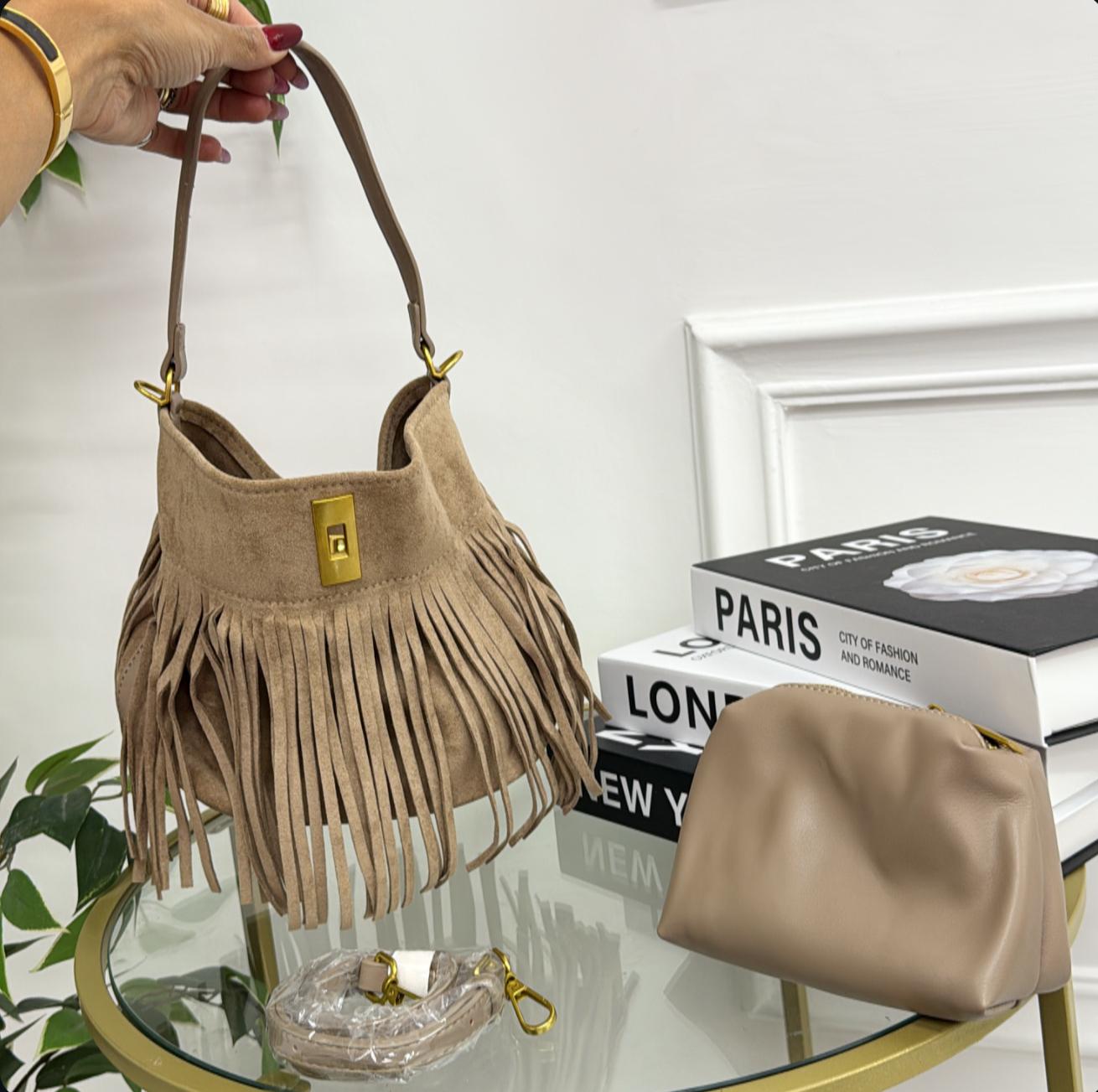 Firenze - Borsa Donna Manico in Pelle Scamosciata Frange