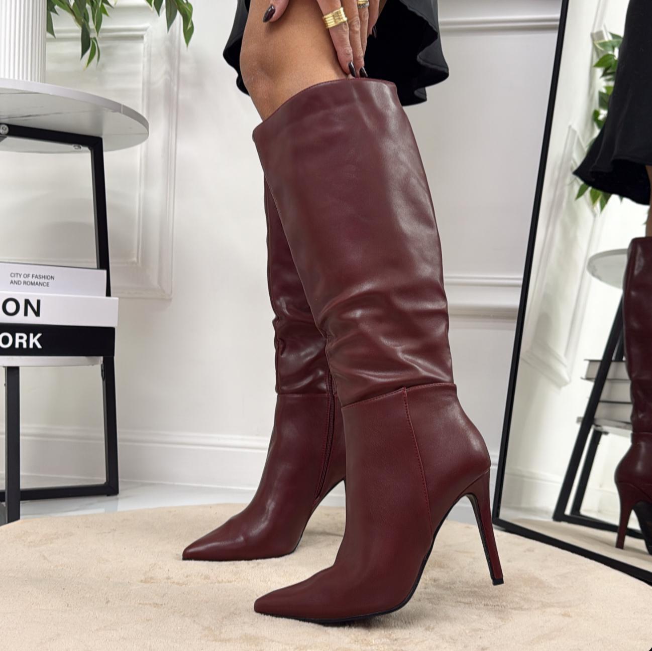 Pridy - Stivale Alto Donna Scarpa Punta Tacco Spillo Bordeaux