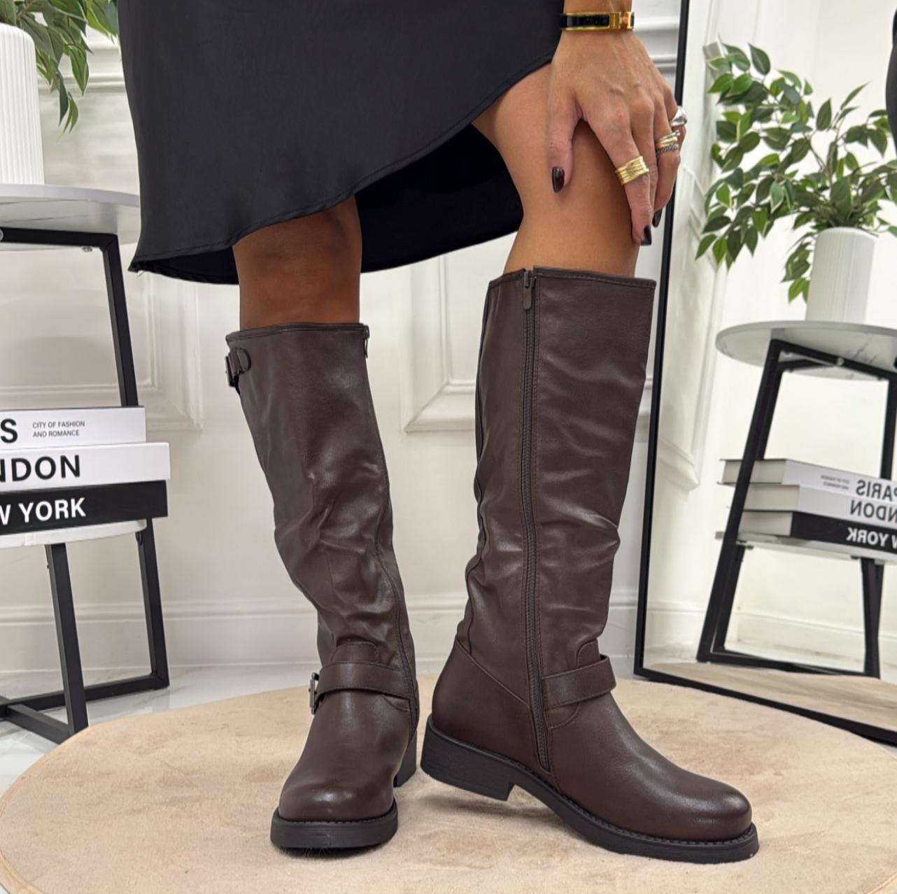 Hella - Stivale Donna Anfibio Alto Fibbia Marrone