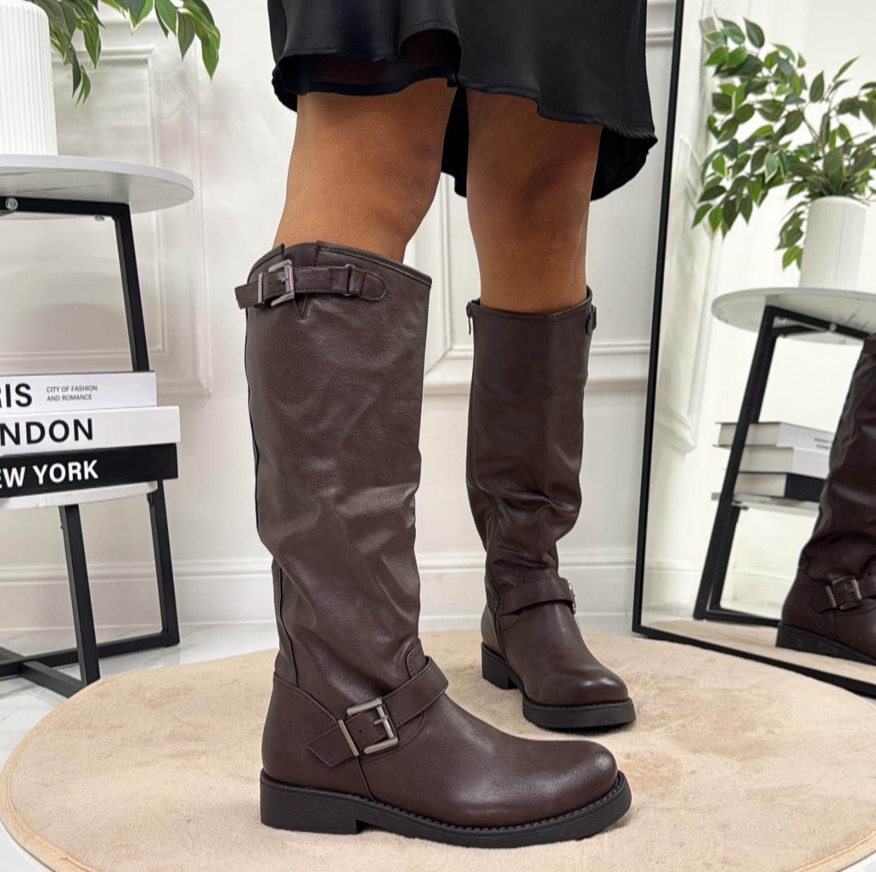 Hella - Stivale Donna Anfibio Alto Fibbia Marrone