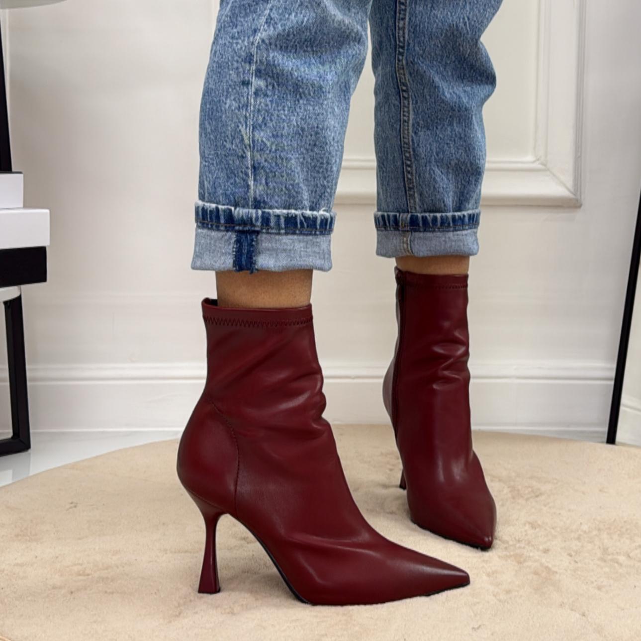 Sophie - Stivaletto Donna Calzino Tacco A Clessidra Punta Comodo Bordeaux