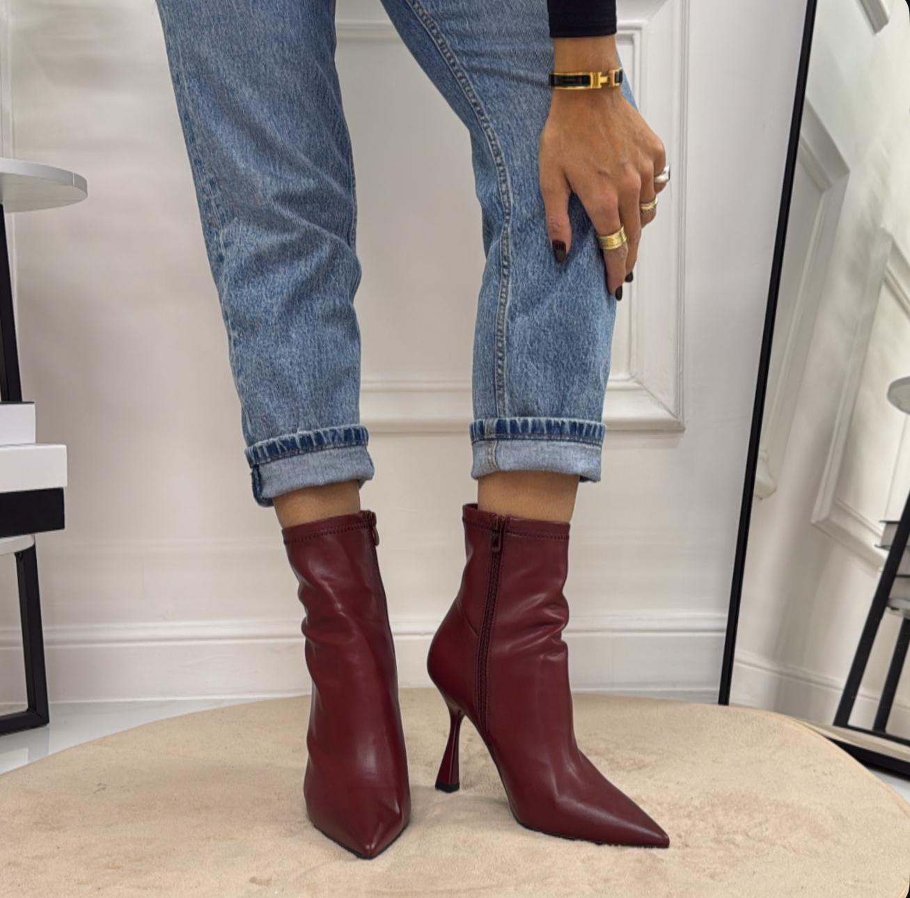 Sophie - Stivaletto Donna Calzino Tacco A Clessidra Punta Comodo Bordeaux
