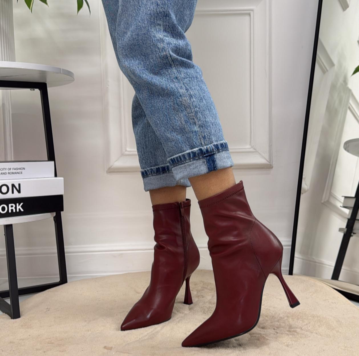 Sophie - Stivaletto Donna Calzino Tacco A Clessidra Punta Comodo Bordeaux