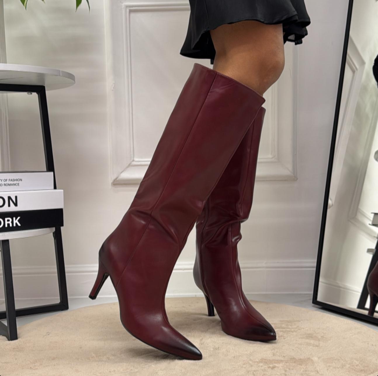 Bianca - Stivale Donna Alto Tacco Punta Casual Elegante Bordeaux
