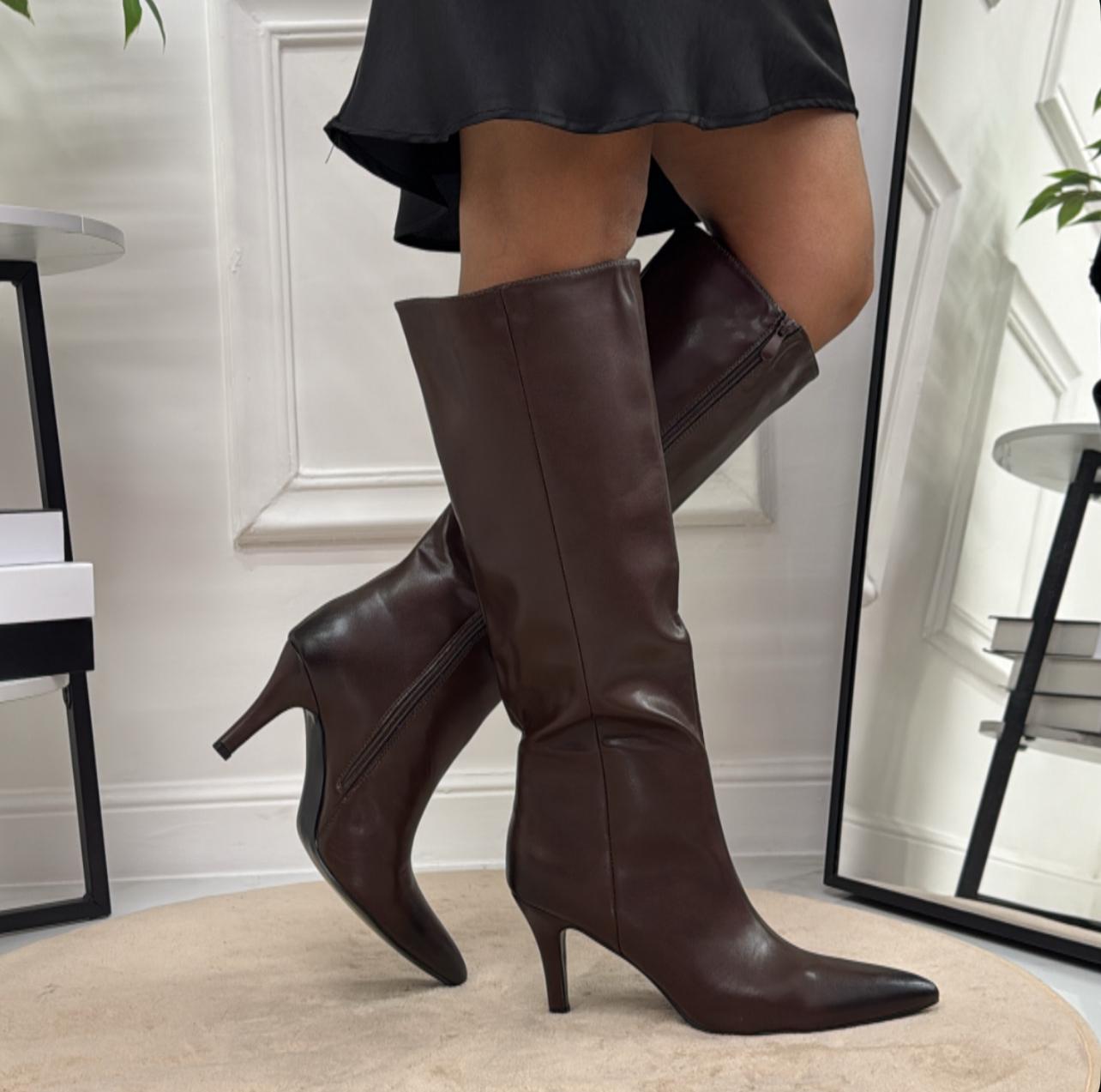 Bianca - Stivale Donna Alto Tacco Punta Casual Elegante Marrone
