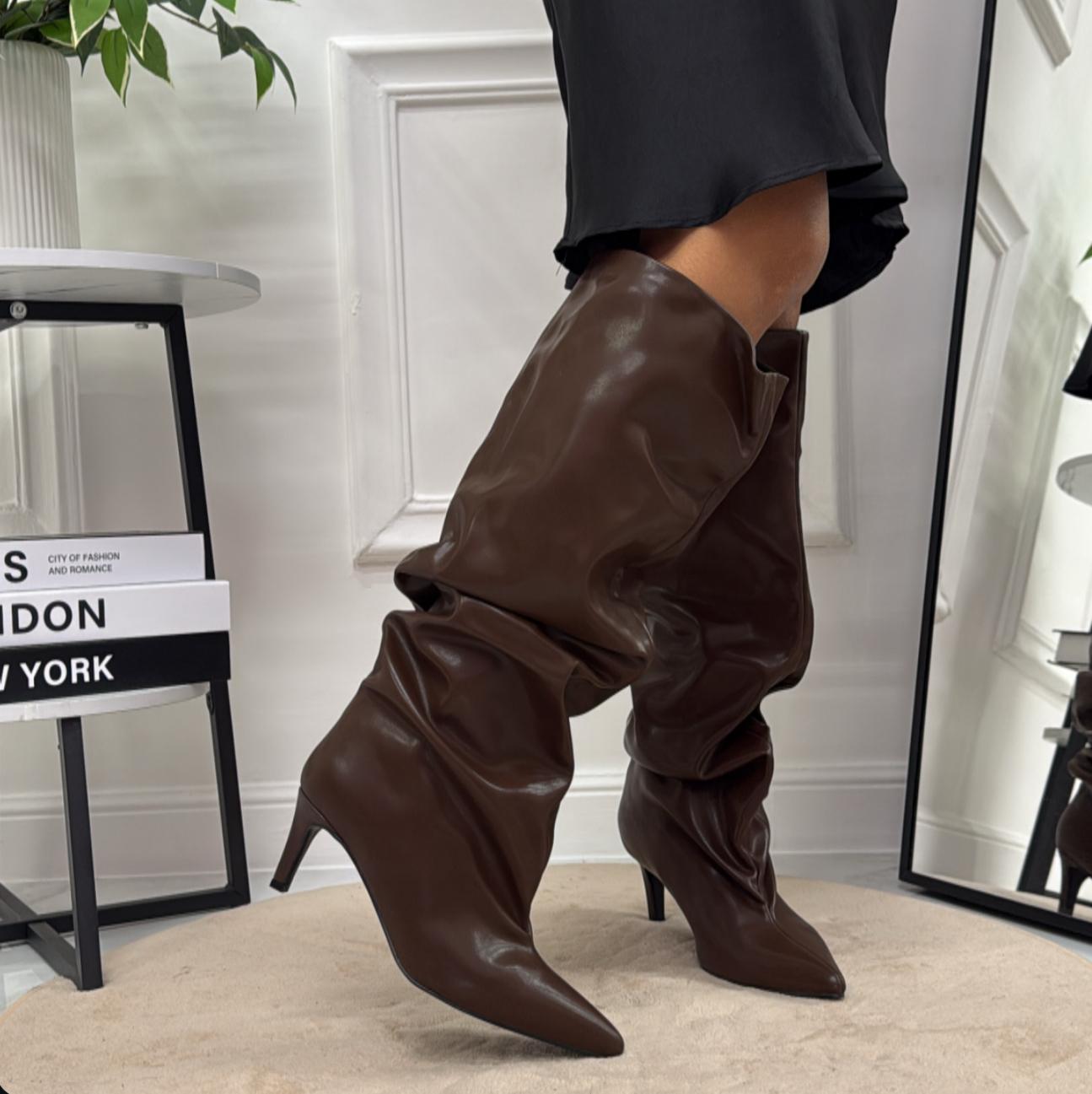 Nicole - Stivale Donna Alto Tacco Punta Casual Elegante Marrone