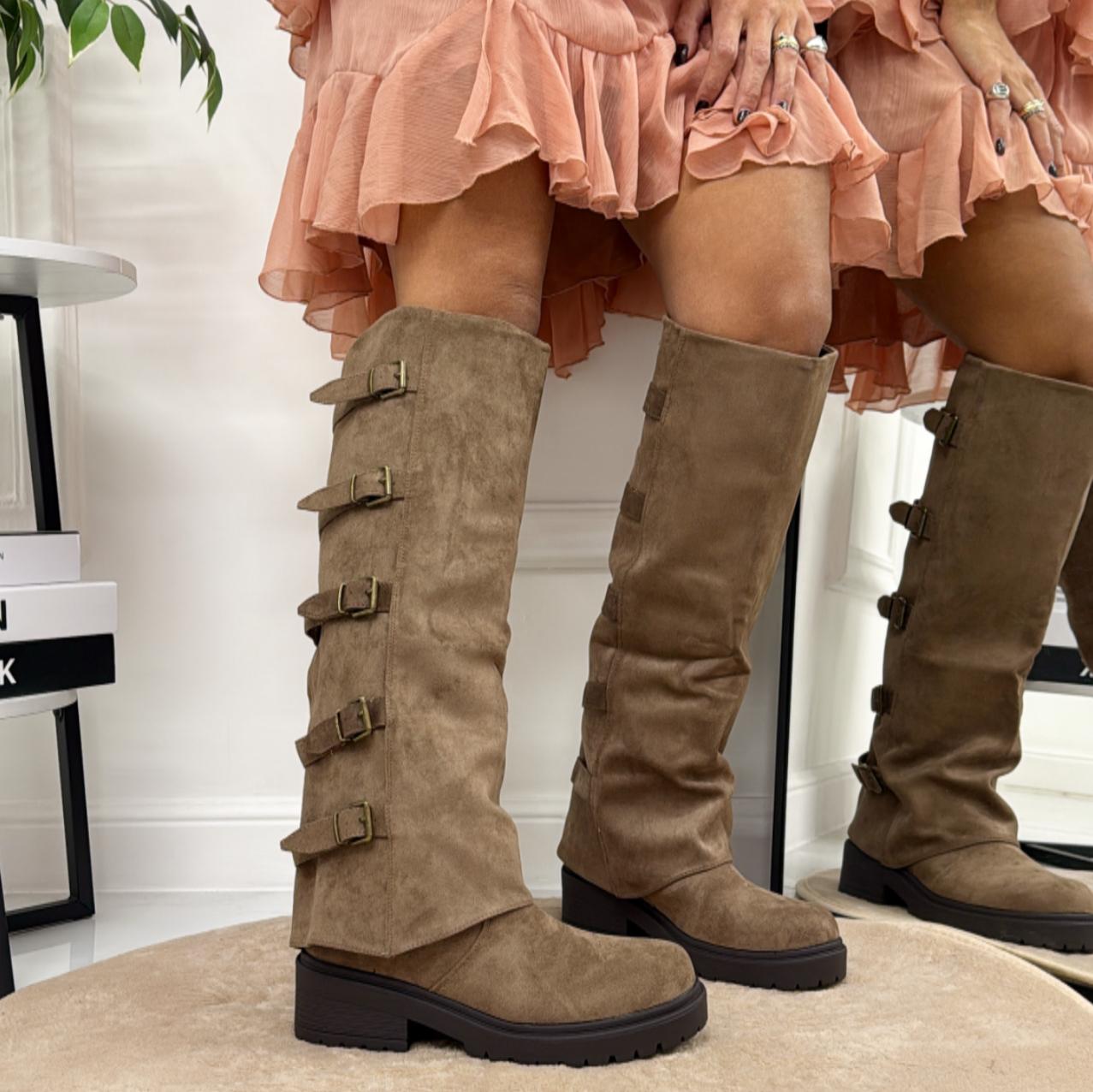 Teodora - Stivale Donna Alto Punta Tonda Donna Fibbie Khaki